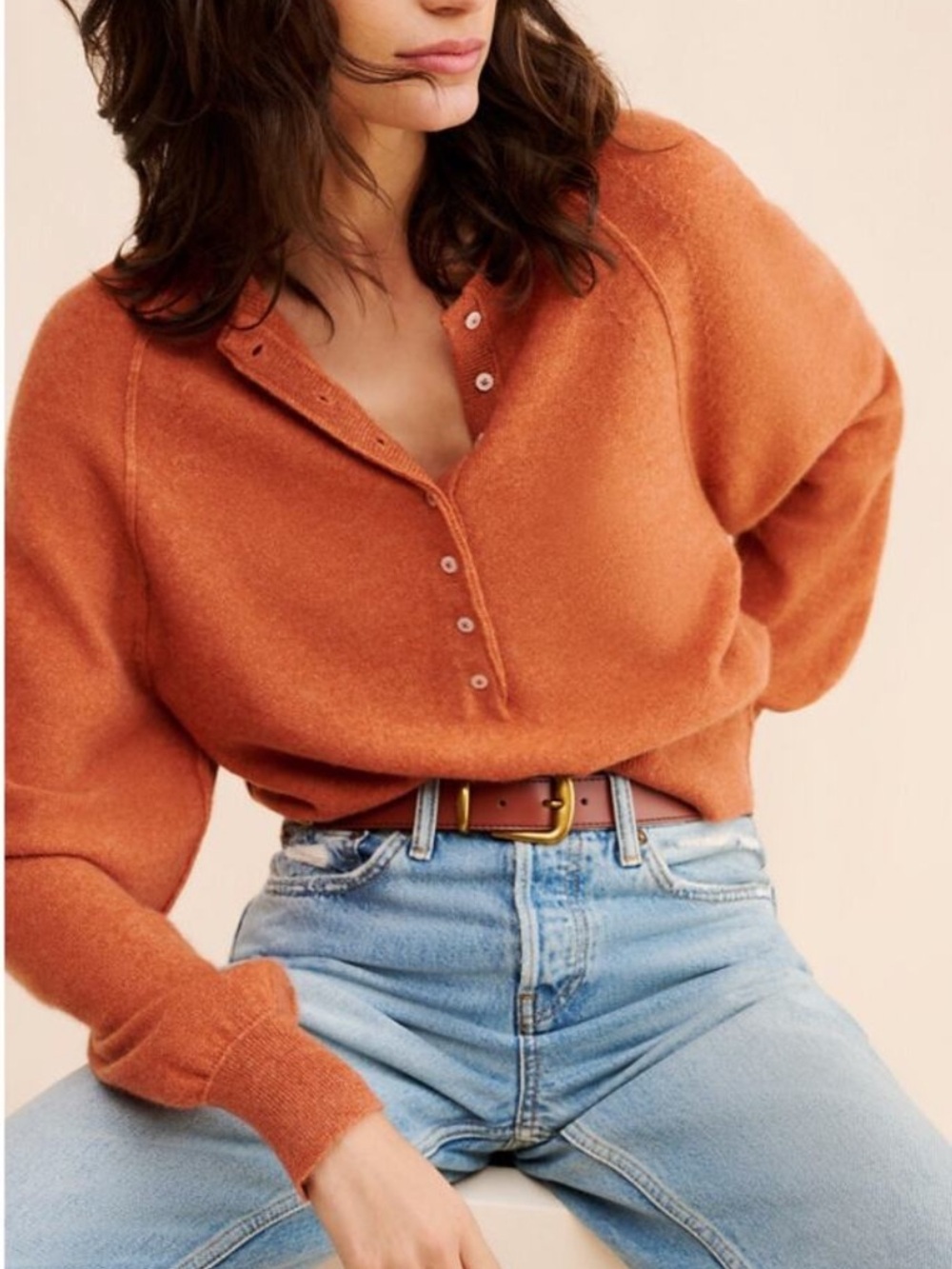 Free People Porta Cashmere Henley Sweater - Burnt Orange
